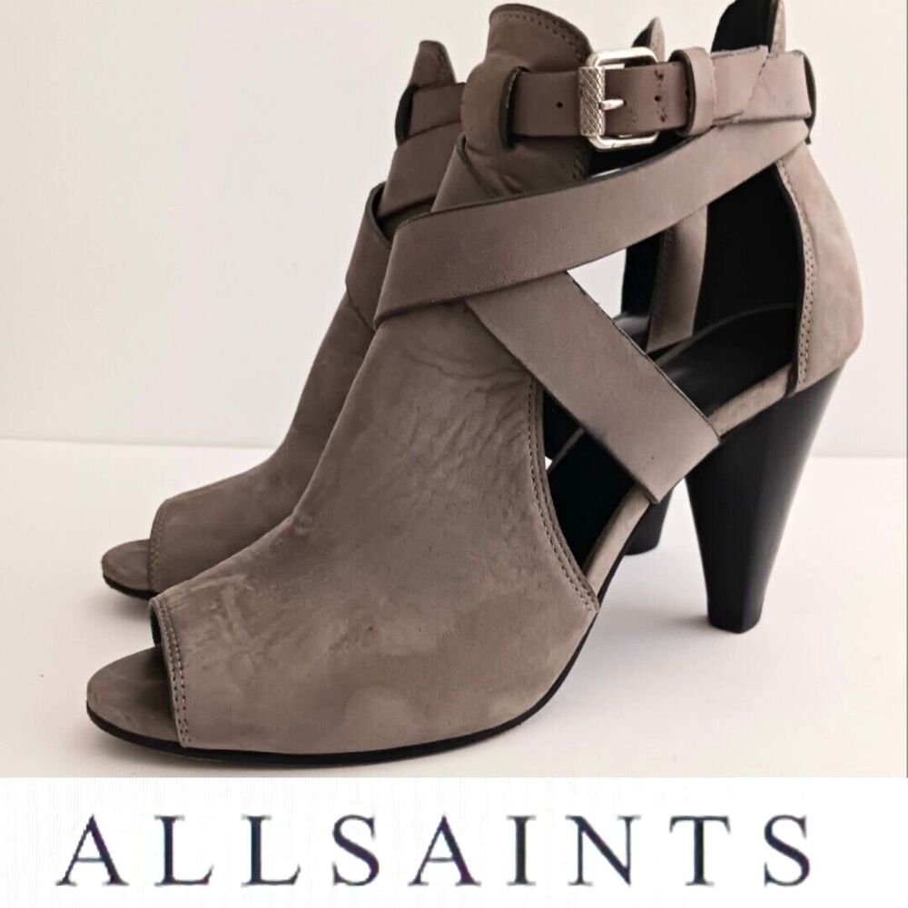 All Saints Benny Gray Suede Heeled Bootie Sandal Buckle Ankle Wrap 38 US 7